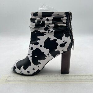 FSJ Black Cow Peep Toe Slouch Ankle Boots Chunky Stacked Heels Party Prom Shoes